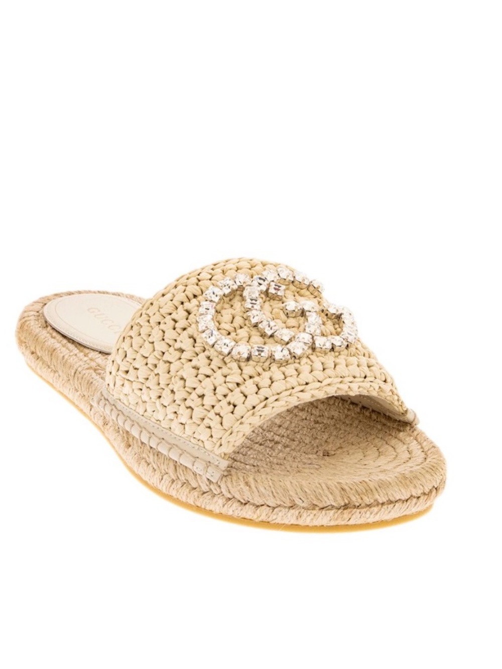 NWT Gucci GG Crystal Embellished Raffia Slides